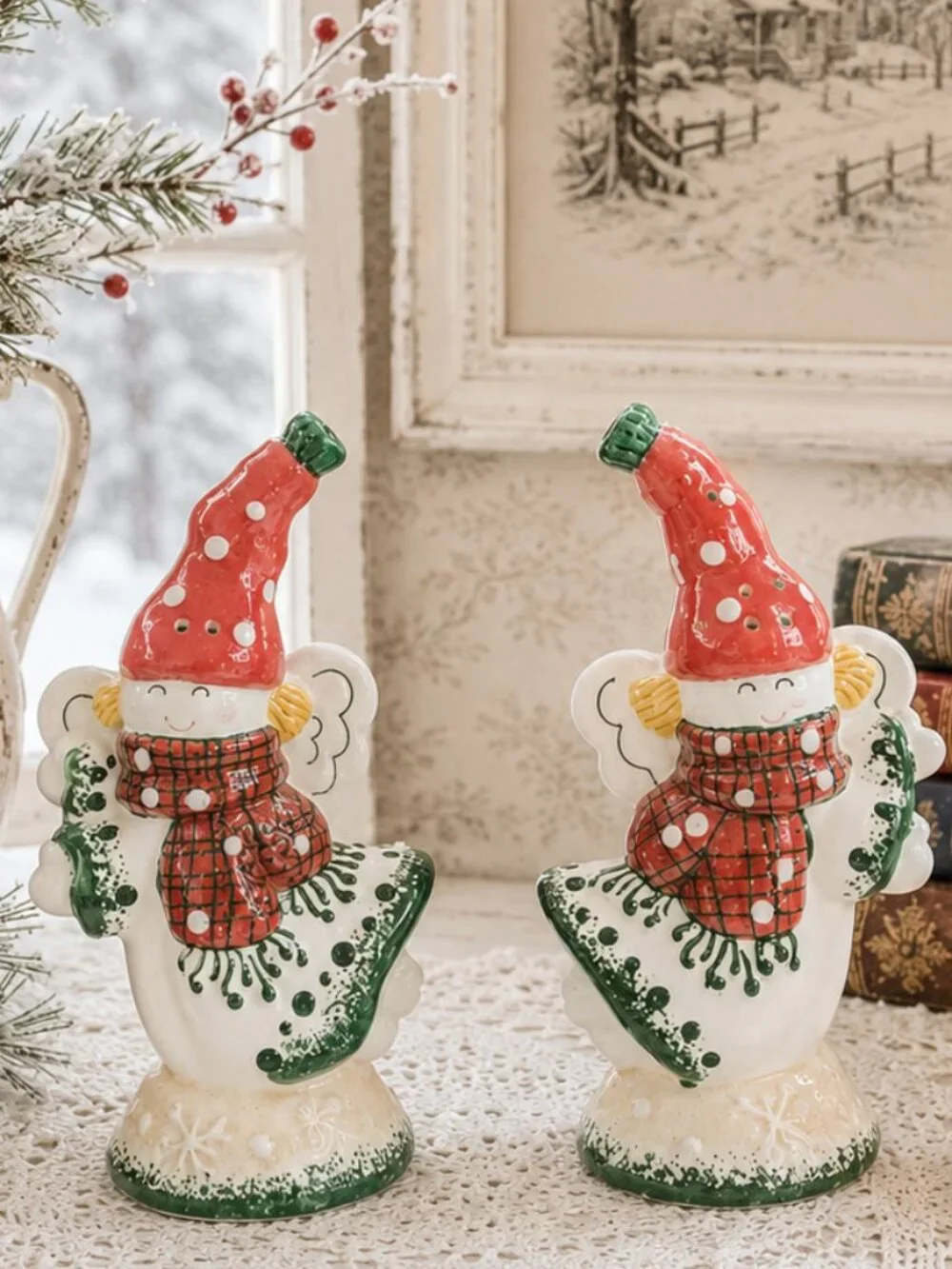 Rare Charming Vintage Snow Angels Ceramic Salt and Pepper Shakers Set
